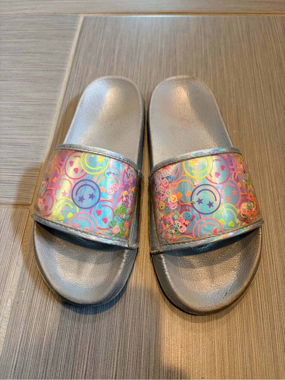 Size 3 girls silver smiley face slides